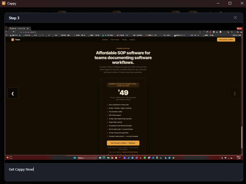Cappy step editor showing a walkthrough step